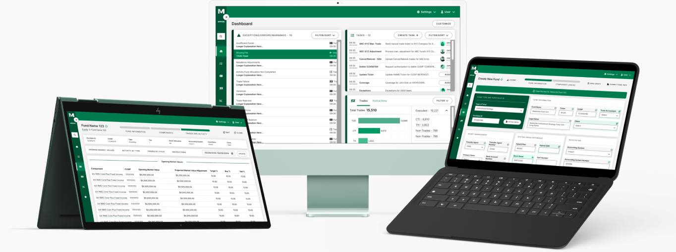 Unified funds management platform shown across multiple devices — dashboard, fund details, and create new fund views