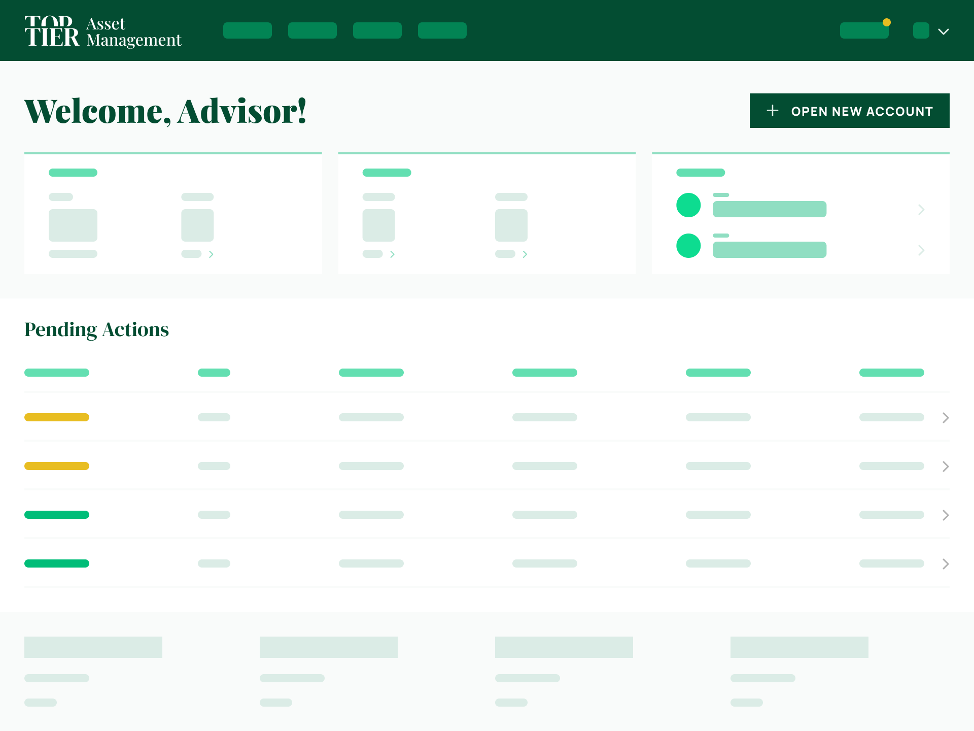 Advisor dashboard wireframe showing welcome screen, pending actions, and account overview