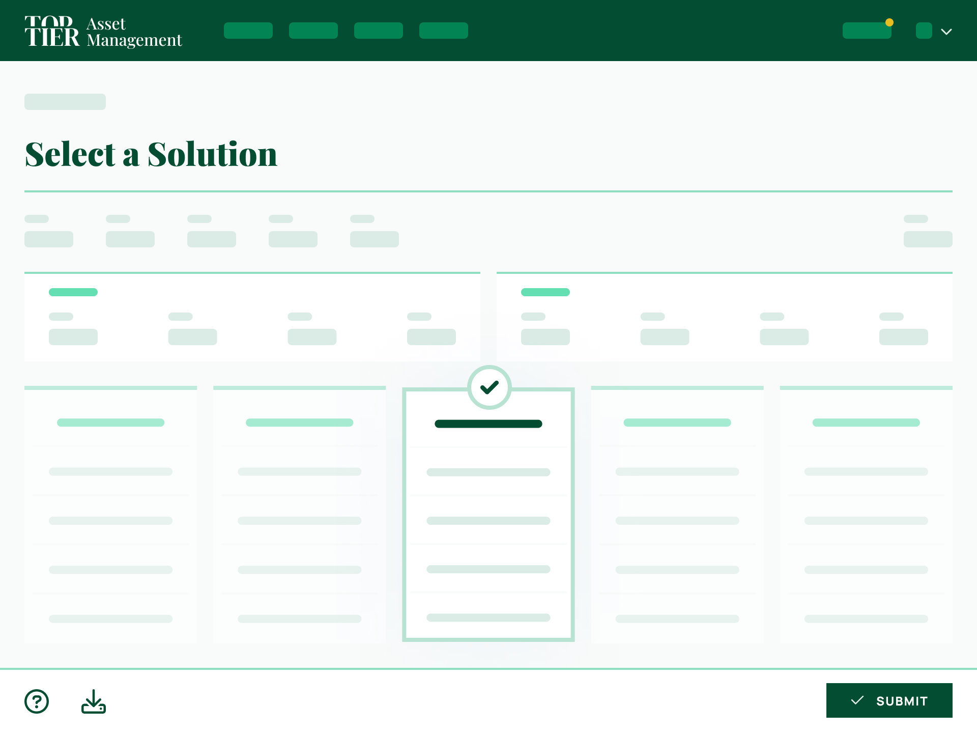 Solution selection wireframe showing filterable card grid with approval flow